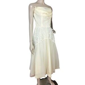 VTG 50s Lorrie Deb Ivory Chiffon Lace Strapless Wedding Ethereal Fairycore Dress